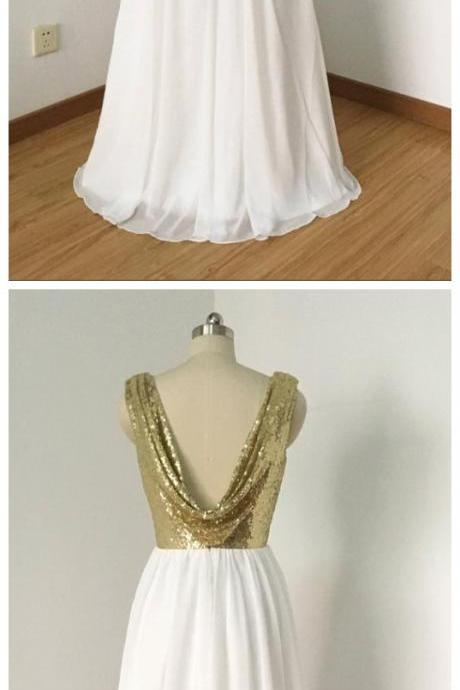 Light Gold Sequin Ivory Chiffon Long Bridesmaid Dress