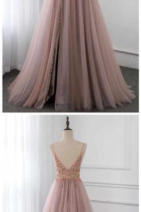 Prom Dresses Long Straps Spaghetti See Through Tulle Evening Gown Slit Right Fashion Lux