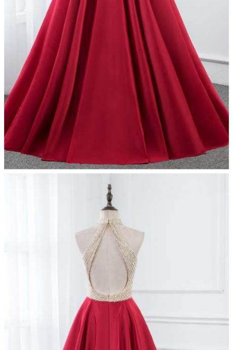 Fashion Lux Red Halter Long Prom Dresses Crystals Satin Formal Evening Gown Party Dress Sleeveless