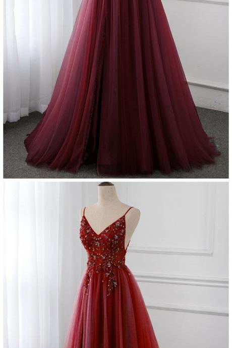 Fashion Lux Sweet Wine Red Crystal Long Prom Dresses 2020 Straps Spaghetti Tulle Evening Gown Slit