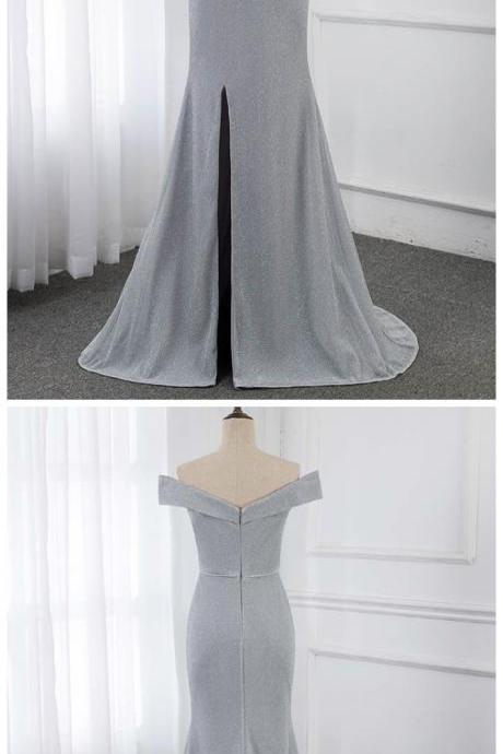 Fashion Lux Silver Off The Shoulder Evening Dress Formal Gowns Mermaid Slit Right Women Party Dresses