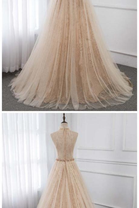 Fashion Lux Elegant Champagne Embroidery Evening Dresses Long High Neck Tulle Formal Evening Gown