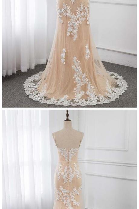 Fashion Lux Spaghetti Champagne Long Prom Dresses Lace Appliques Beaded Mermaid Formal Gowns