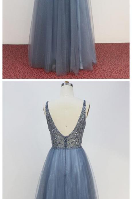 Fashion Lux 2020 Collection Dusty Blue Long Prom Dresses Deep V Neck Beaded Embroidered Tulle Slit Left Formal Party Dress Backless
