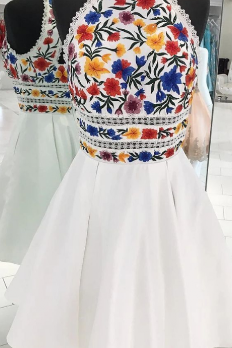 Fashion Lux A-line Halter Floral Embroidery Short Prom Homecoming Dress