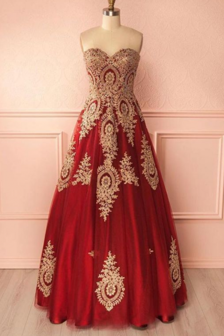 Fashion Lux Red sweetheart neck lace applique long prom dress, red evening dress