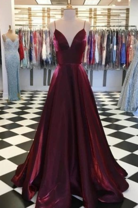 Fashion Lux Wine Red V neck Spaghetti Straps Long Evening Dress, A Line Prom Dress