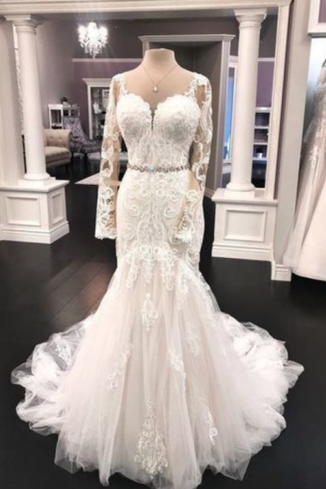 Fashion Lux Full Sleeve V neck Tulle Mermaid Wedding Dresses, Sweep Train Bridal Gowns