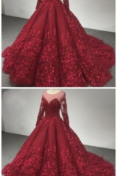 Fashion Lux Luxury Lace Wedding Dress,long Sleeve Burgundy Ball Gown Bride Dresses