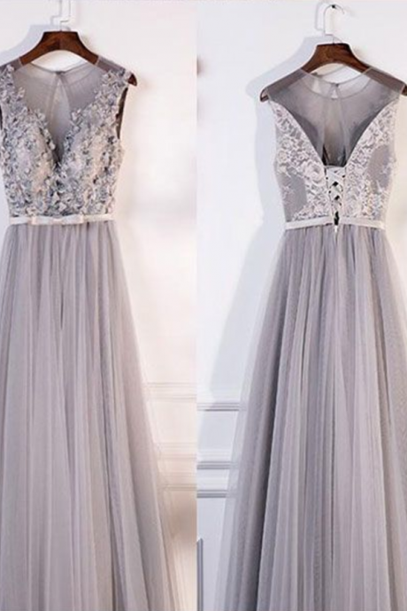 Fashion Lux Gray round neck lace tulle long prom dress, gray evening dress, gray bridesmaid dress