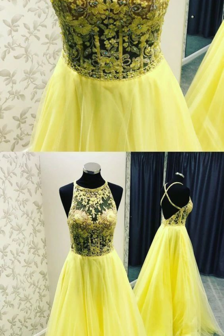 Fashion Lux Backless Yellow Long Prom Evening Dress with Pockets