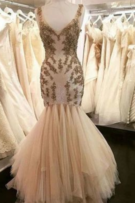Fashion Lux Fashion V Neck Appliques Mermaid Formal Prom Dress, Evening Dress