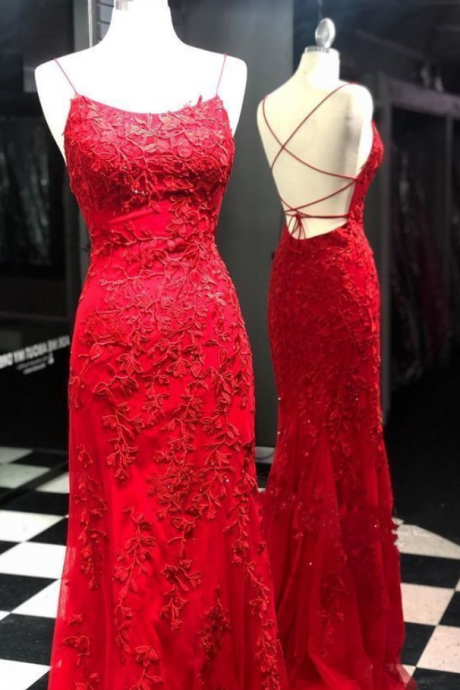Fashion Lux Sexy Backless Red Long Prom Dress With Appliques, Mermaid Evening Party Dress