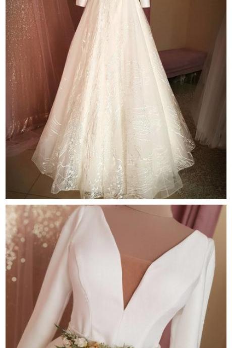 Fashion Lux V neck White Long Prom Dress, Full Sleeve Formal Wedding Dress