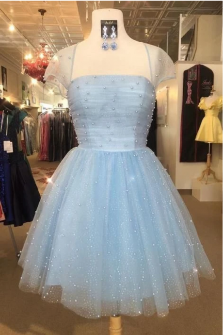 Fashion Lux Cap Sleeve Light Blue A Line Prom Dress With Pearls, Short Homecoming Dress