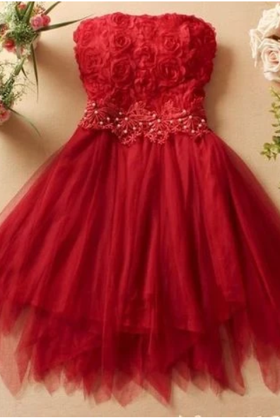 Fashion Lux Fashion Strapless Red Tulle Short Homecoming Dress, Party Gown