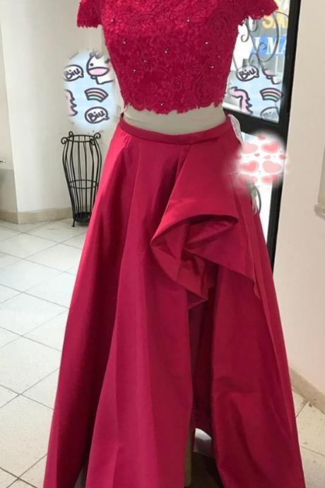 Two Piece Red Long Prom Dress With Off The Shoulder Lace Top And Satin Skirt