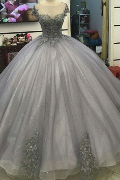 Quinceanera Dresses Cap Sleeve Tulle Appliques Ball Gowns Prom Dress