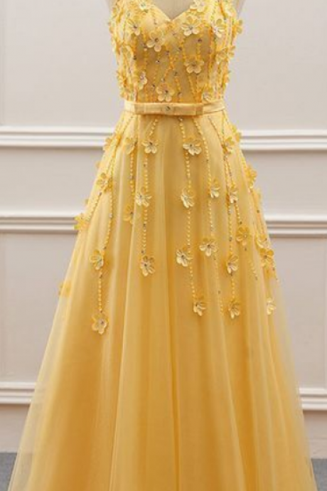 Charming Yellow Tulle A-line Prom Dress With Beadings, Long Evening Dress