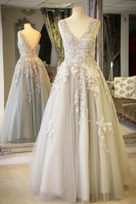 V-neck Lace Appliques Long Light Grey Prom Dress With Crystals