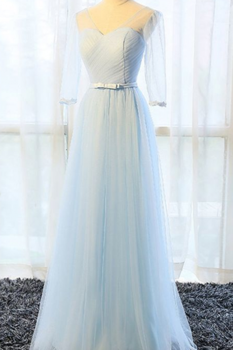 Simple Pure Blue V Neck Long Bowknot Senior Prom Dress With Mid Sleeves