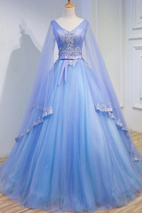 Light Blue Tulle V Neck Long Sleeve Lace Applique Prom Dress For Teen