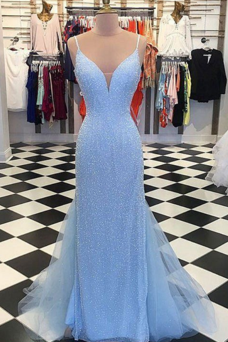 Charming Prom Dress, Tulle Blue Mermaid Prom Dresses, Long Evening Dress, Formal Gown 