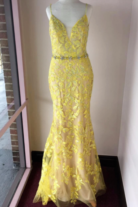 Spaghetti Straps Yellow Prom Dresses, Long Prom Dress, Prom Dress