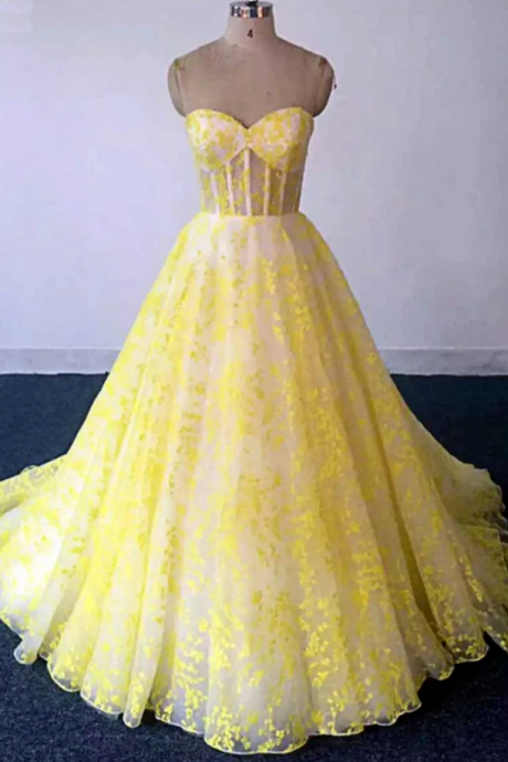 Yellow Lace Sweetheart Long Graduation Dress, A Line Prom Dress For Teens