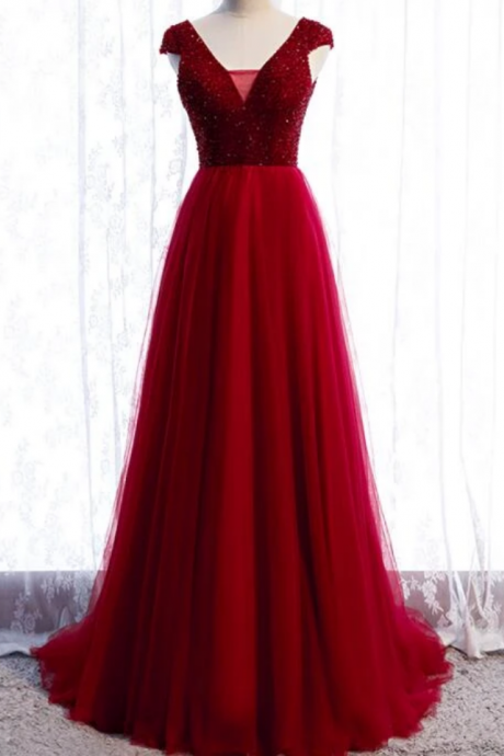 Tulle Cap Sleeves Long Party Dress, A-line Beaded Prom Dress
