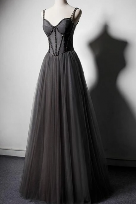 Dark Grey Tulle Straps Long Beaded Party Dress, Grey Long Formal Dresses