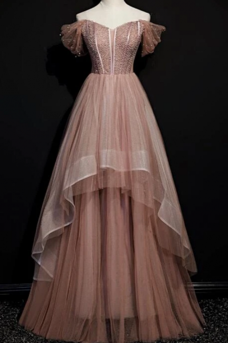 Tulle Beaded Layer Tulle Long Evening Dress, Charming Prom Dress