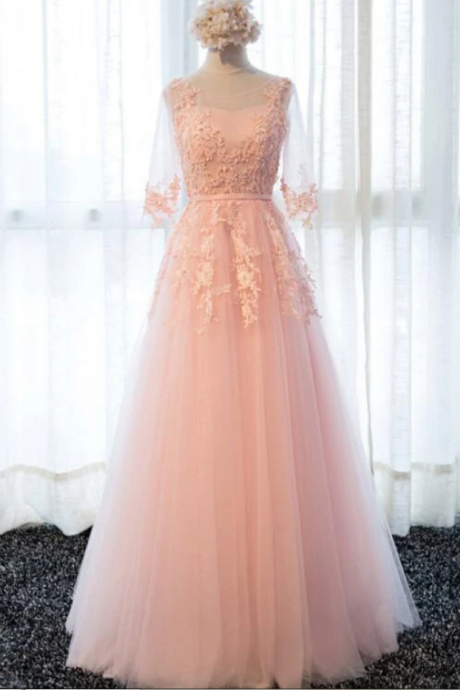 Beautiful Tulle 1/2 Sleeves With Lace Applique Bridesmaid Dress, Long Prom Dress