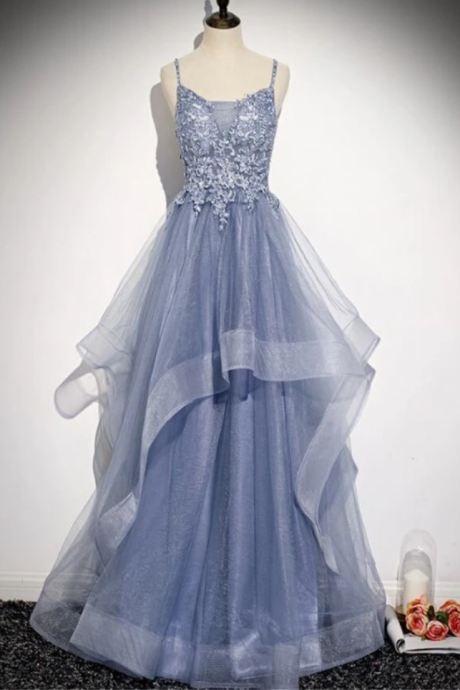 V-neckline Straps Tulle With Lace Applique Party Gown, Prom Dress