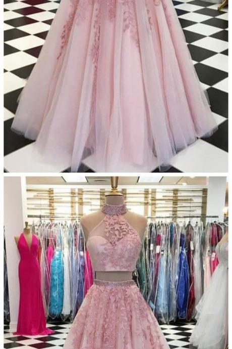 PINK TWO PIECES TULLE LACE APPLIQUE LONG PROM DRESS, PINK EVENING DRESS