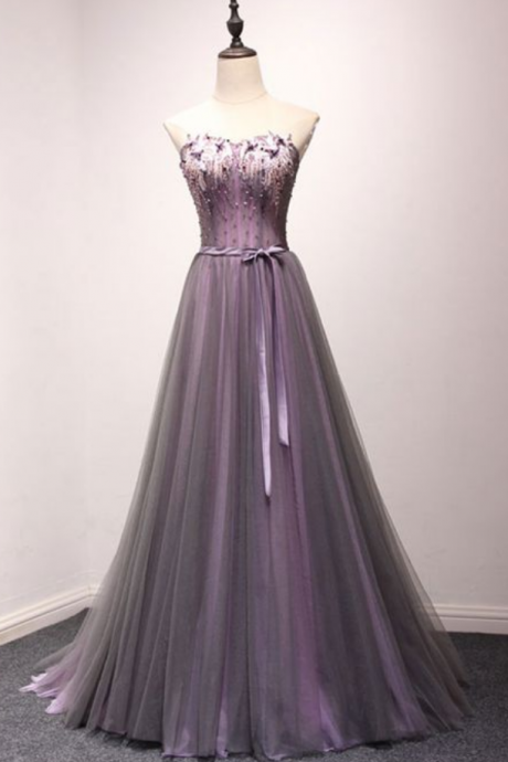 Purple Beaded Embellished Sweetheart Floor Length Tulle A-line Prom Dress Featuring Lace-up Back And Bow Accent Belt