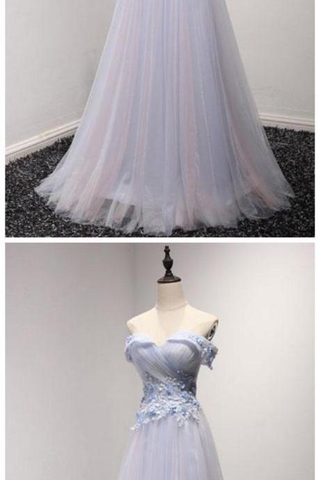 Light Blue Tulle Strapless Long Prom Dress, Evening Dress