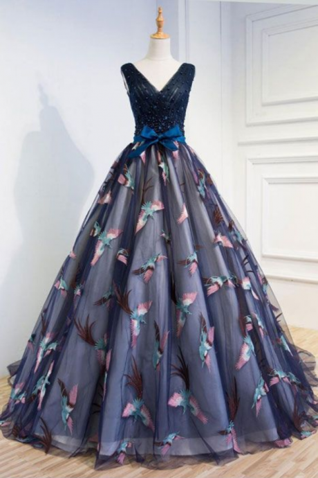 Unique V Neck Dark Blue Tulle Long Prom Dress, Blue Evening Dress