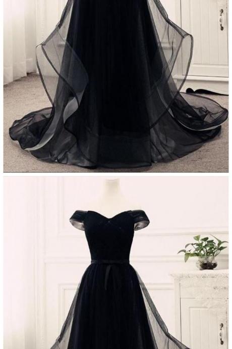 Black Party Dress Off Shoulder Junior Prom Dress , Tulle Party Gowns, Evening Dresses