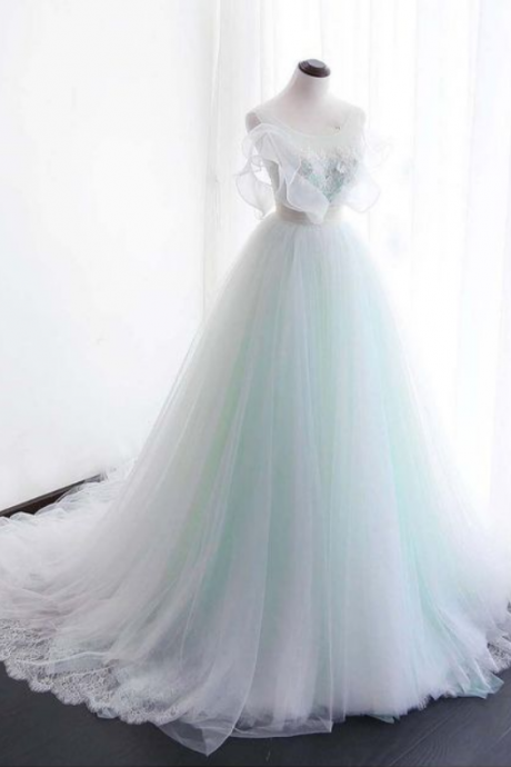 White Tulle Party Dress ,long Customize,evening Dress, Long Scoop Neckline Prom Dress, Light Blue Wedding Dress