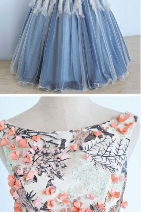 Chic A-line Party Dress ,ball Gown, Prom Dress,bateau, Blue Tulle Appliques