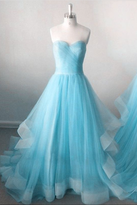 Strapless Party Dress, Ice Blue Prom Dress, Tulle Sweetheart Evening Dress Neckline Long Prom Dress