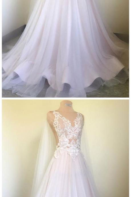 White V Neck Lace Applique Long Prom Dress, White Wedding Dress
