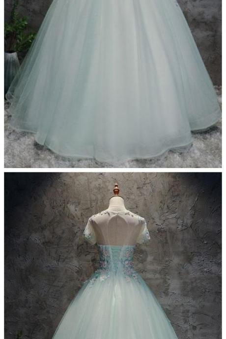 Unique Light Green Tulle Lace Long Prom Dress, Sweet 16 Dress