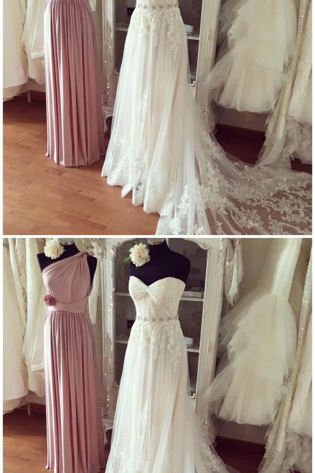 Wedding Dress, A Line Wedding Gown, Pleated Sweetheart Lace Appliques Beach Wedding Dresses Boho Wedding Gowns