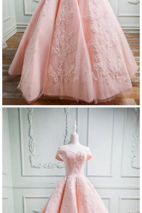 Pink Off Shoulder Prom Dresses, Appliques Ball Gown Prom Dress, Formal Dress