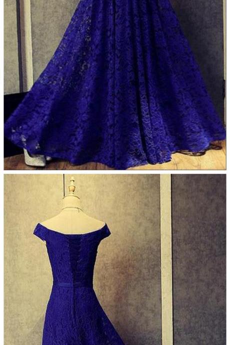 Glamorous A-line Off-the-shoulder Royal Blue Lace Long Prom Dress