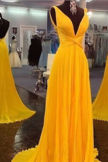 Yellow Deep V Neck A Line Prom Dresses 2018 Long Backless Chiffon Prom Dress Evening Party Gowns