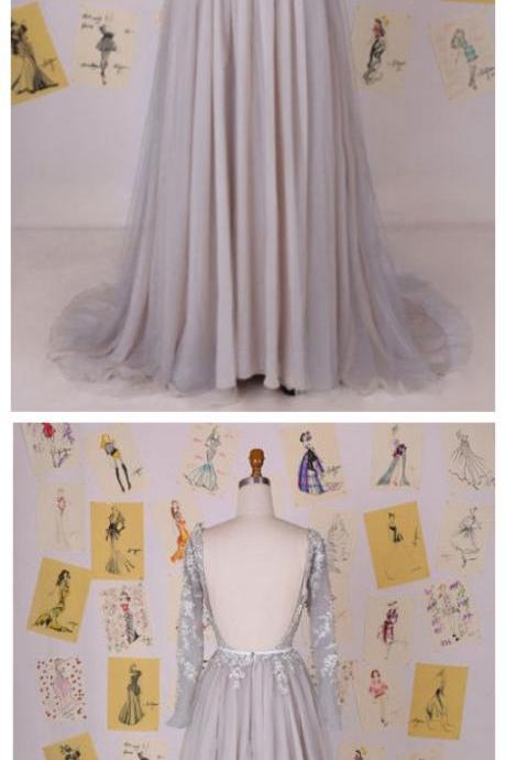 Prom Dress,Chiffon Prom Dress,Aline Prom Dresses,Formal Gown,Long Sleeves Evening Gowns,Beading prom dress