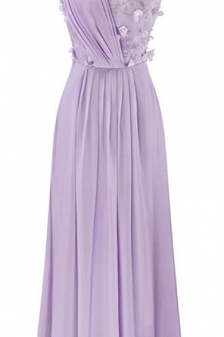 Prom Gown,prom Dress,prom Gown,lilac Sleeveless A-line Long Chiffon Bridesmaid Dress With Floral Appliques